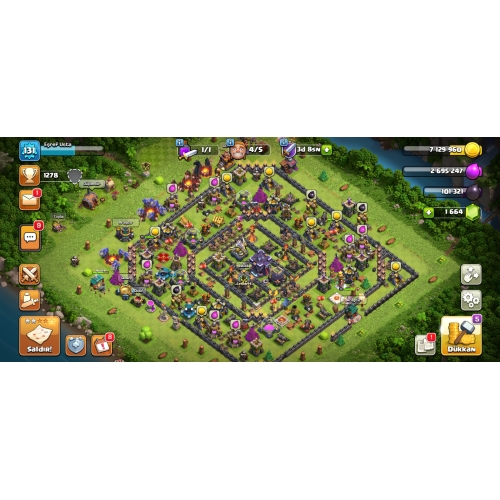  131 Level 1664 Yeşil Taşlı Clash of Clans ANINDA TESLİMAT